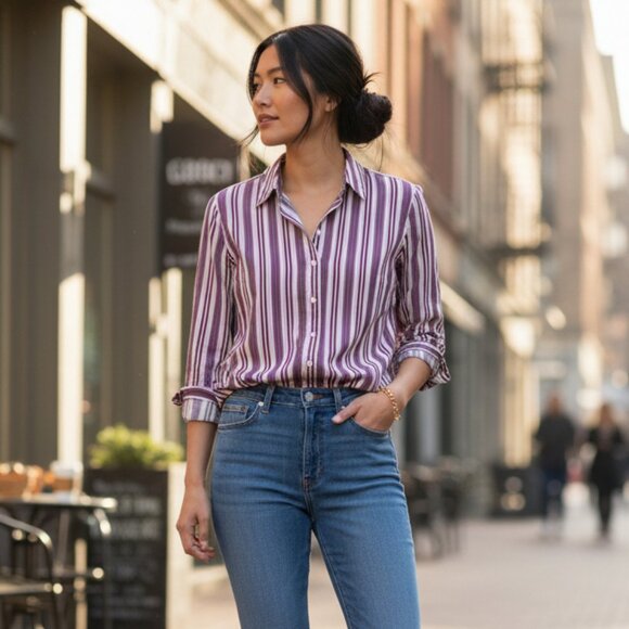 Chico's Tops - Chicos 2M Bordeaux Striped Purple Buttoned Top Stretch Preppy Office Work Brunch